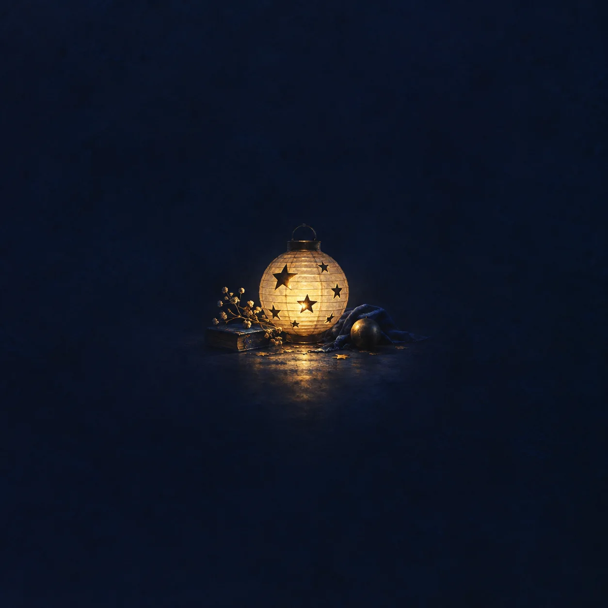 A glowing gold lantern with star cutouts sits among small decorative objects against deep blue darkness.