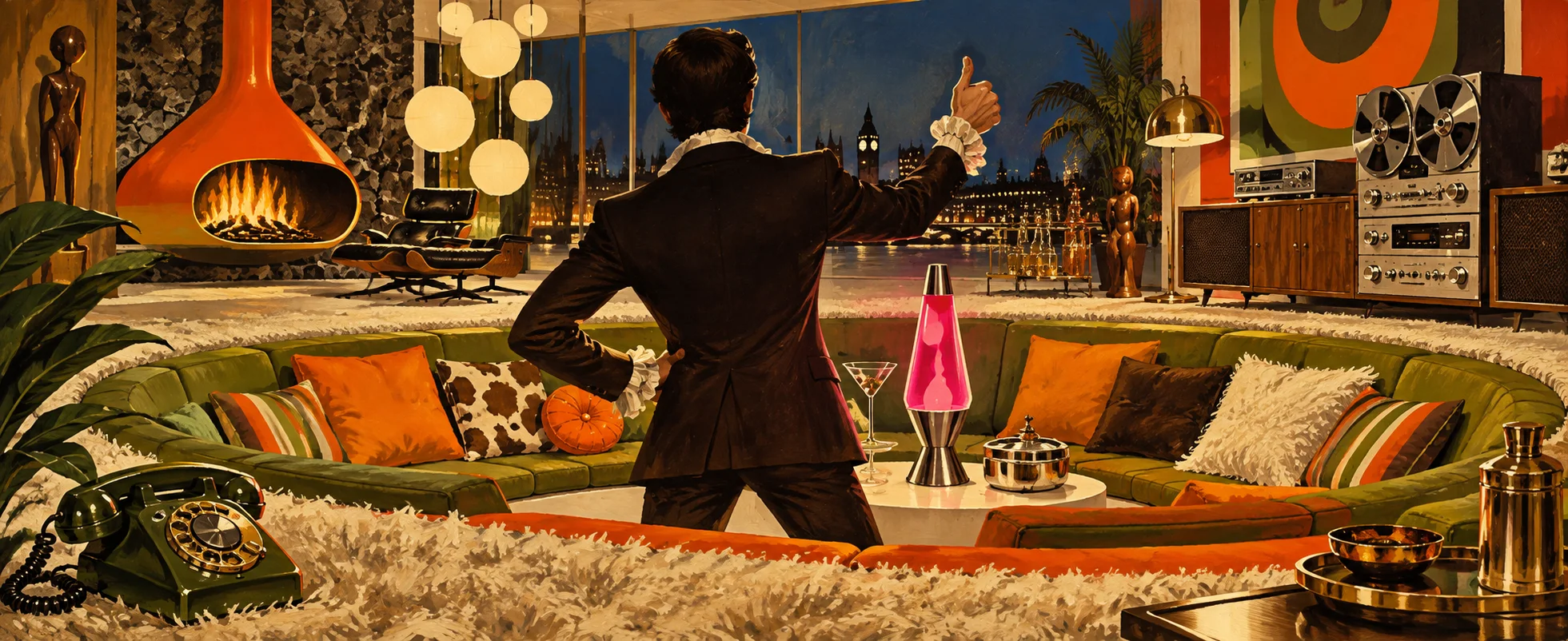 A man in a velvet suit, seen from behind, gives a thumbs-up in a 1960s bachelor pad with a sunken conversation pit, lava lamp and shag rug.