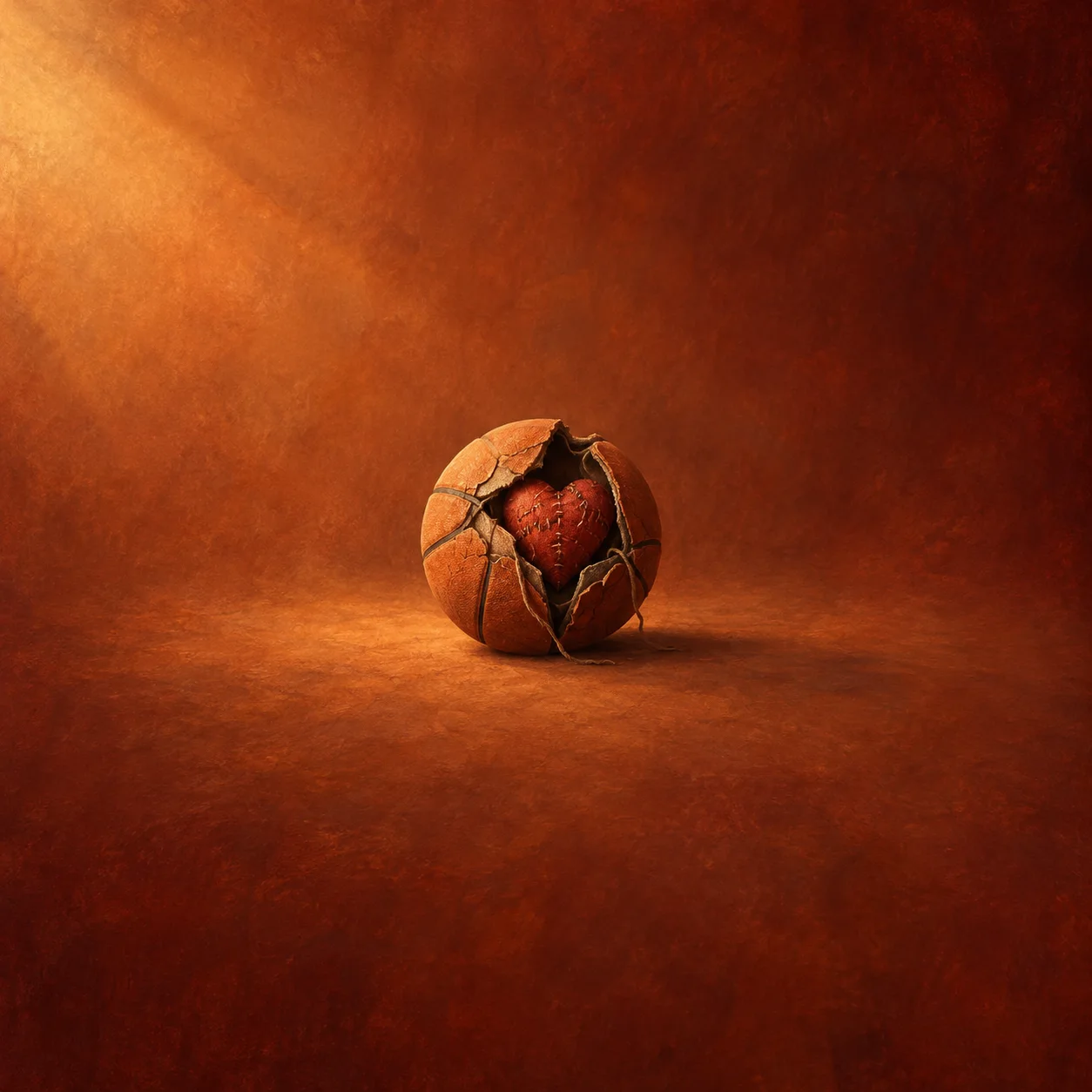 A cracked basketball reveals a small red fabric heart, lit by a warm orange beam.