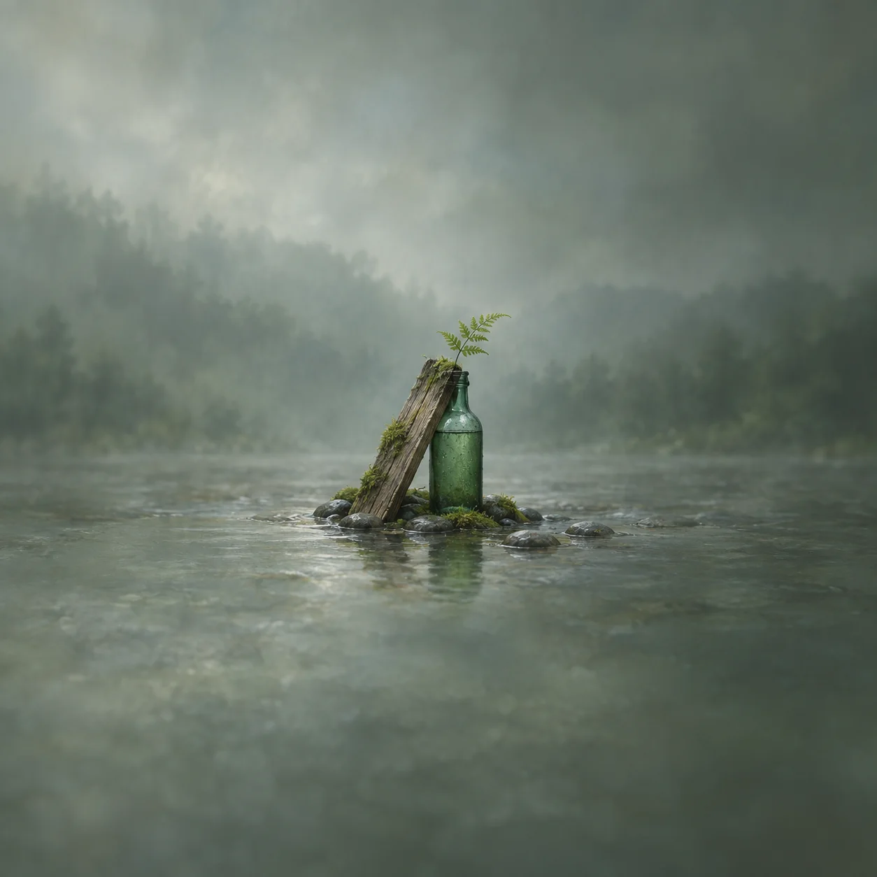 A weathered plank bearing a fern leans beside a green bottle amid shallow water and misty woodland.
