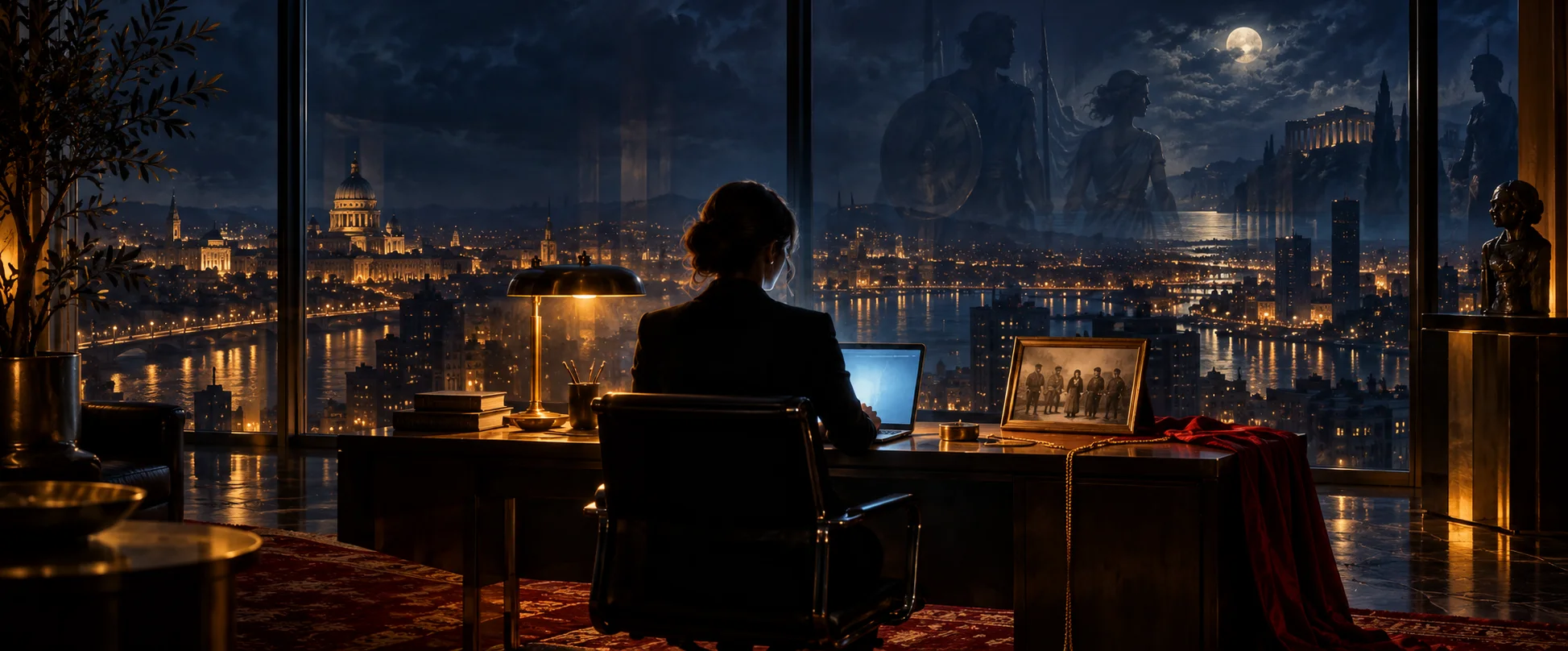 A woman writes at a laptop in a dark office high above a moonlit city, an old photograph on her desk.