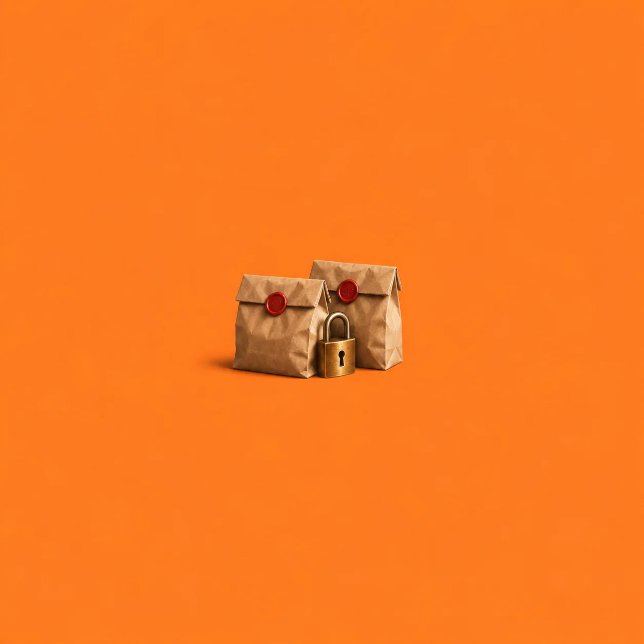 Two brown paper bags sealed with red wax stand behind a brass padlock against orange.