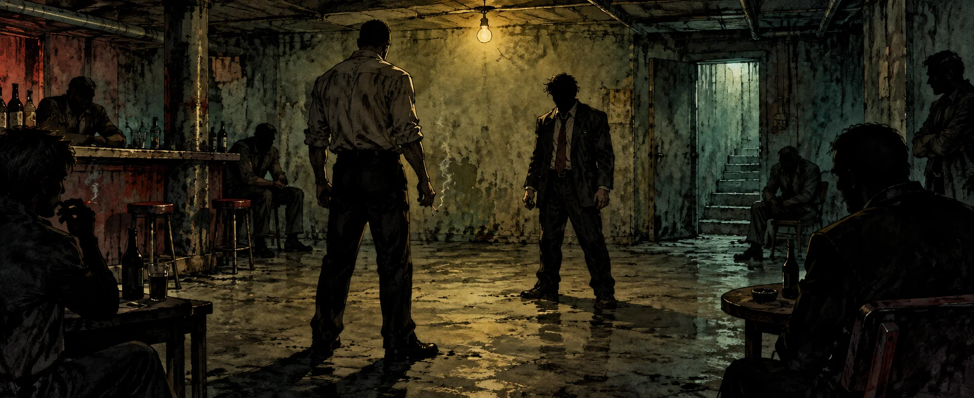 Two men face each other in the middle of a grimy bar basement under a bare bulb while silhouetted men watch from the edges.
