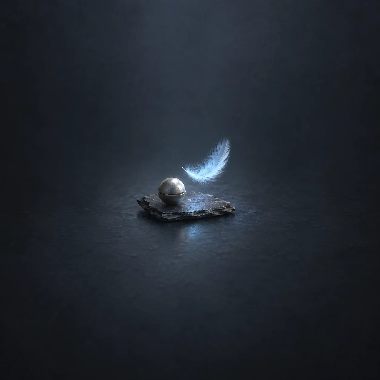 A small grey metal sphere beside a glowing pale blue feather hovering above black slate.