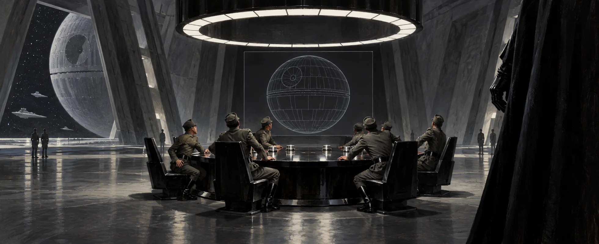 Grey-uniformed officers recoil around a round black table in a stark battle-station conference room, a black cape at the frame's edge.