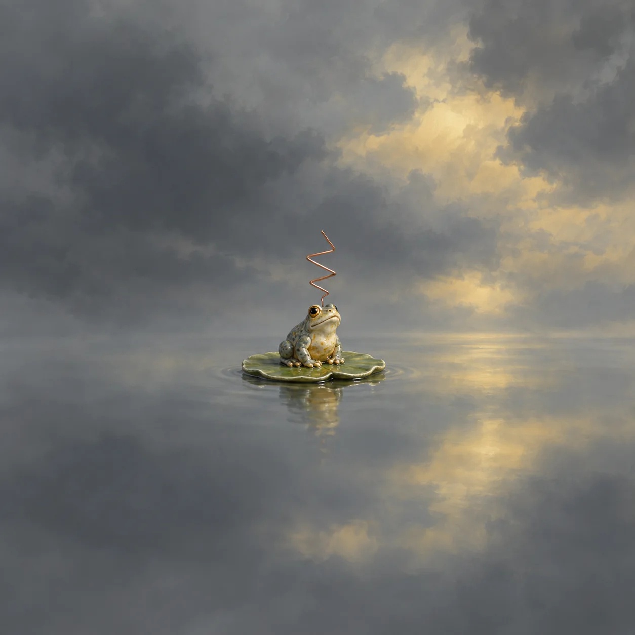 A ceramic toad on a lily pad beneath a zigzag of copper wire.