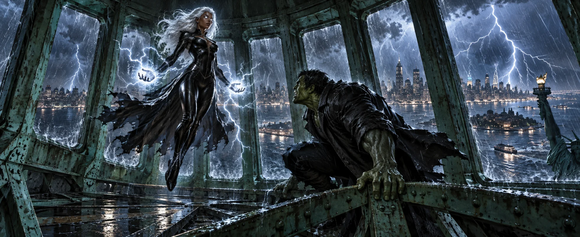 A white-haired woman crackling with lightning floats in the storm-lashed crown of a giant statue, facing a crouching green-skinned man.