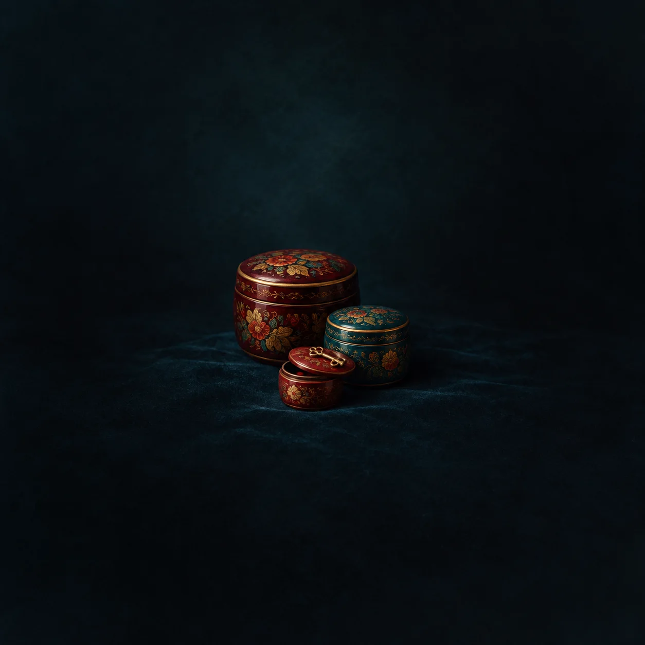 Three round red and teal lacquered boxes with floral decoration sit beside a small brass key.