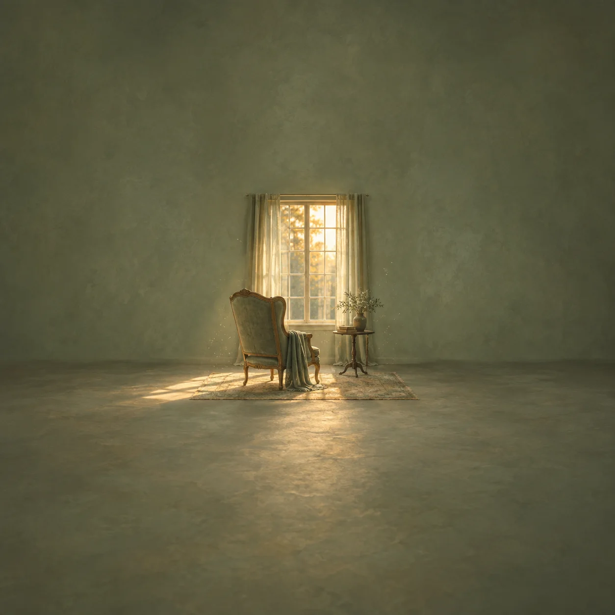 An empty armchair and a small side table stand by a curtained window casting golden light across a muted green room.