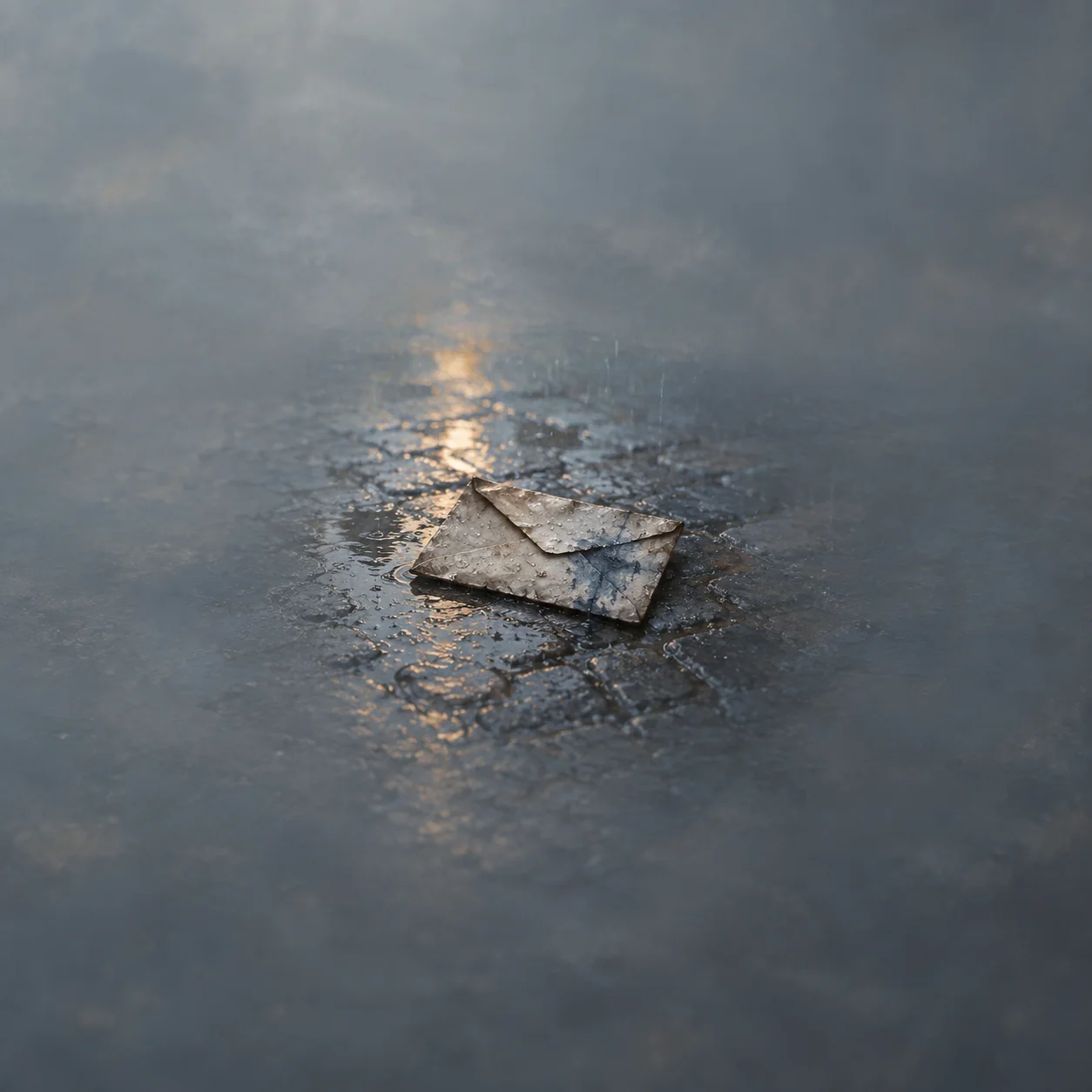 A weathered envelope with blurred dark marks lies on a rain-wet reflective grey surface.