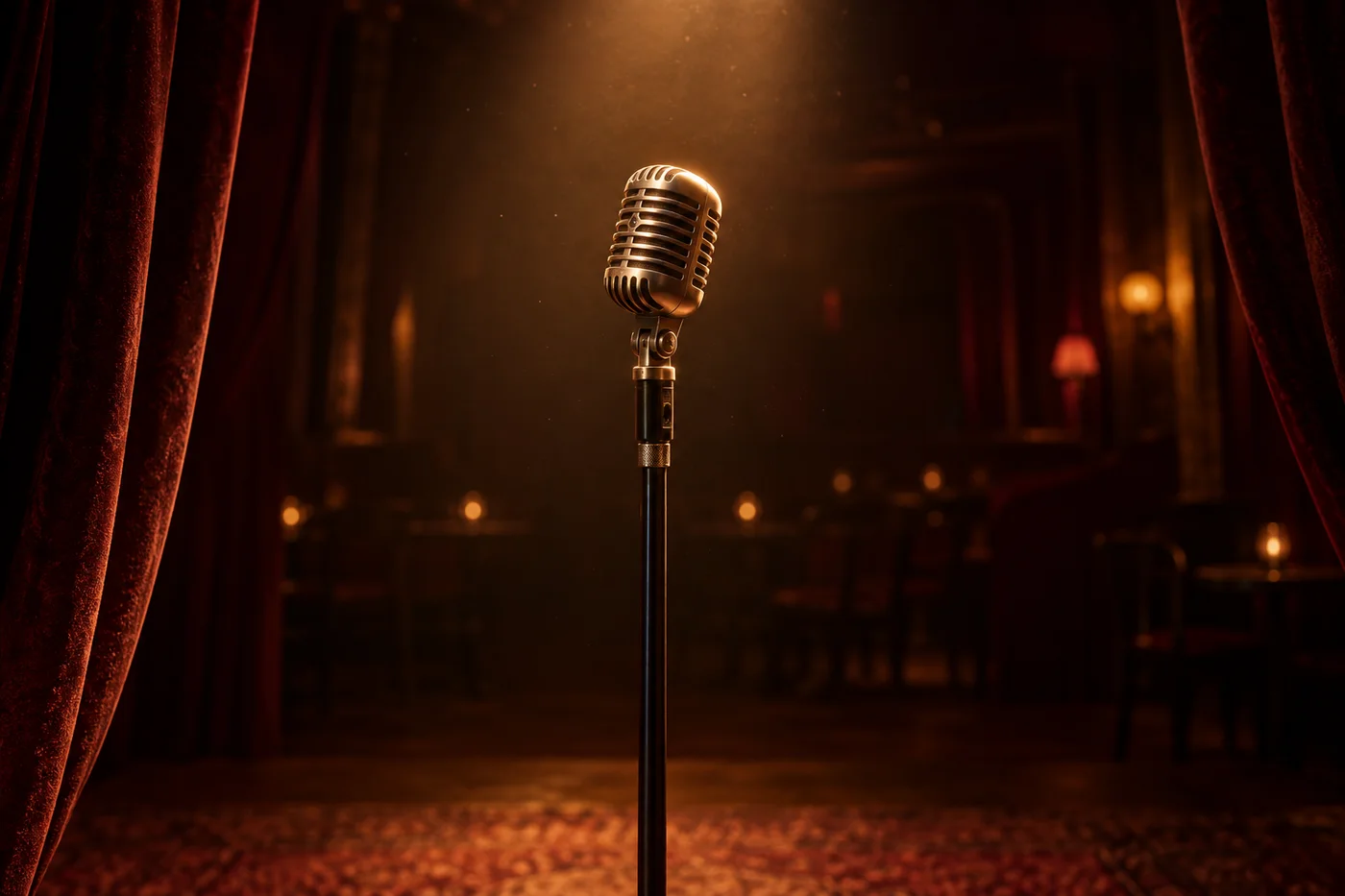 A silver microphone stands in amber light against dark red curtains.