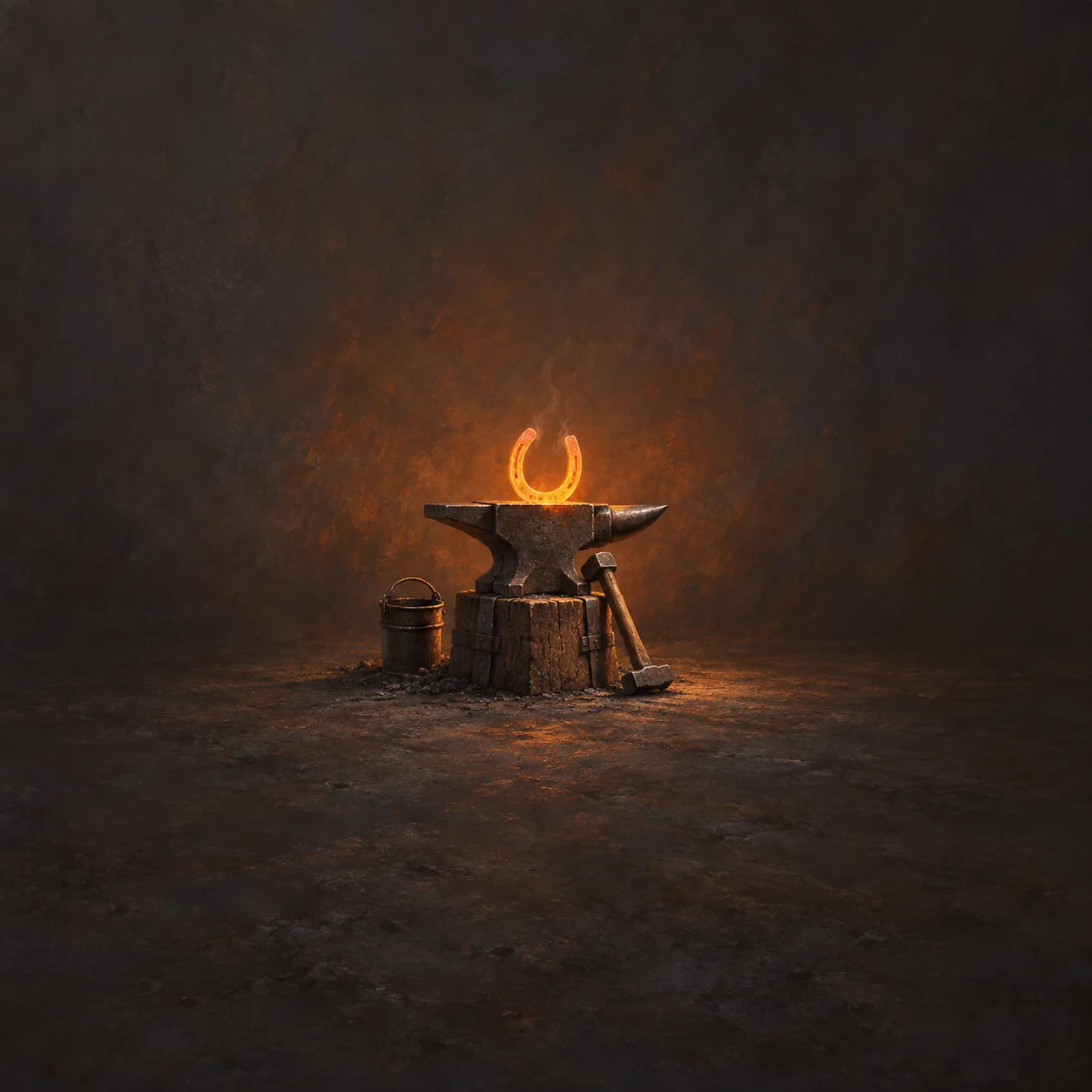Painterly glowing horseshoe on a blacksmith anvil with a hammer resting beside it.
