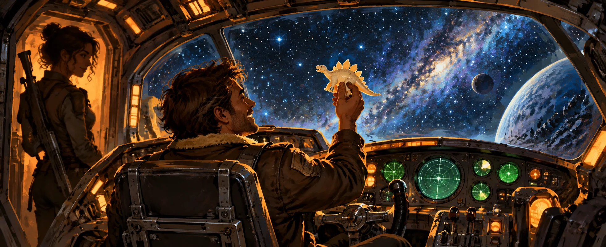 A pilot holds up a toy dinosaur at the controls of a starship cockpit facing a sky full of stars.