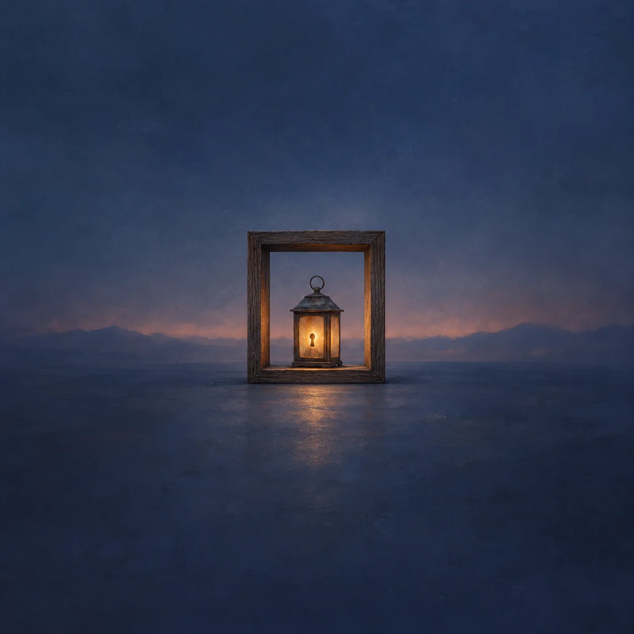 A glowing amber lantern with a keyhole motif stands inside an empty wooden frame.