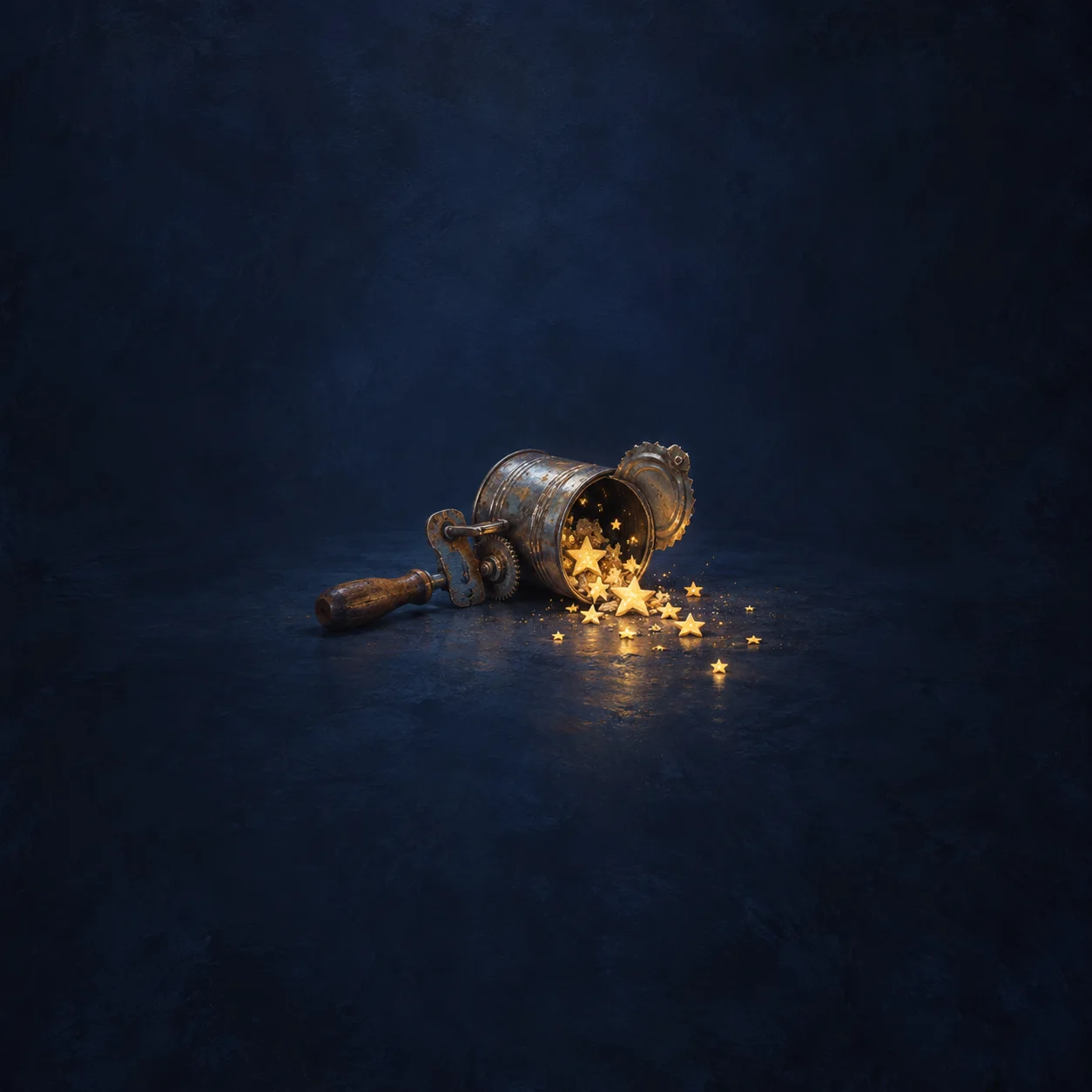 Painterly open metal tin spilling glowing stars beside a can opener on navy.