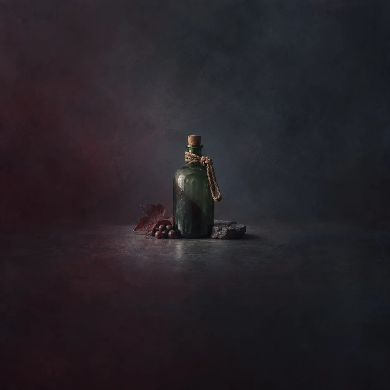 A green glass bottle with a cork and a knotted rope around its neck on a dark slate background.