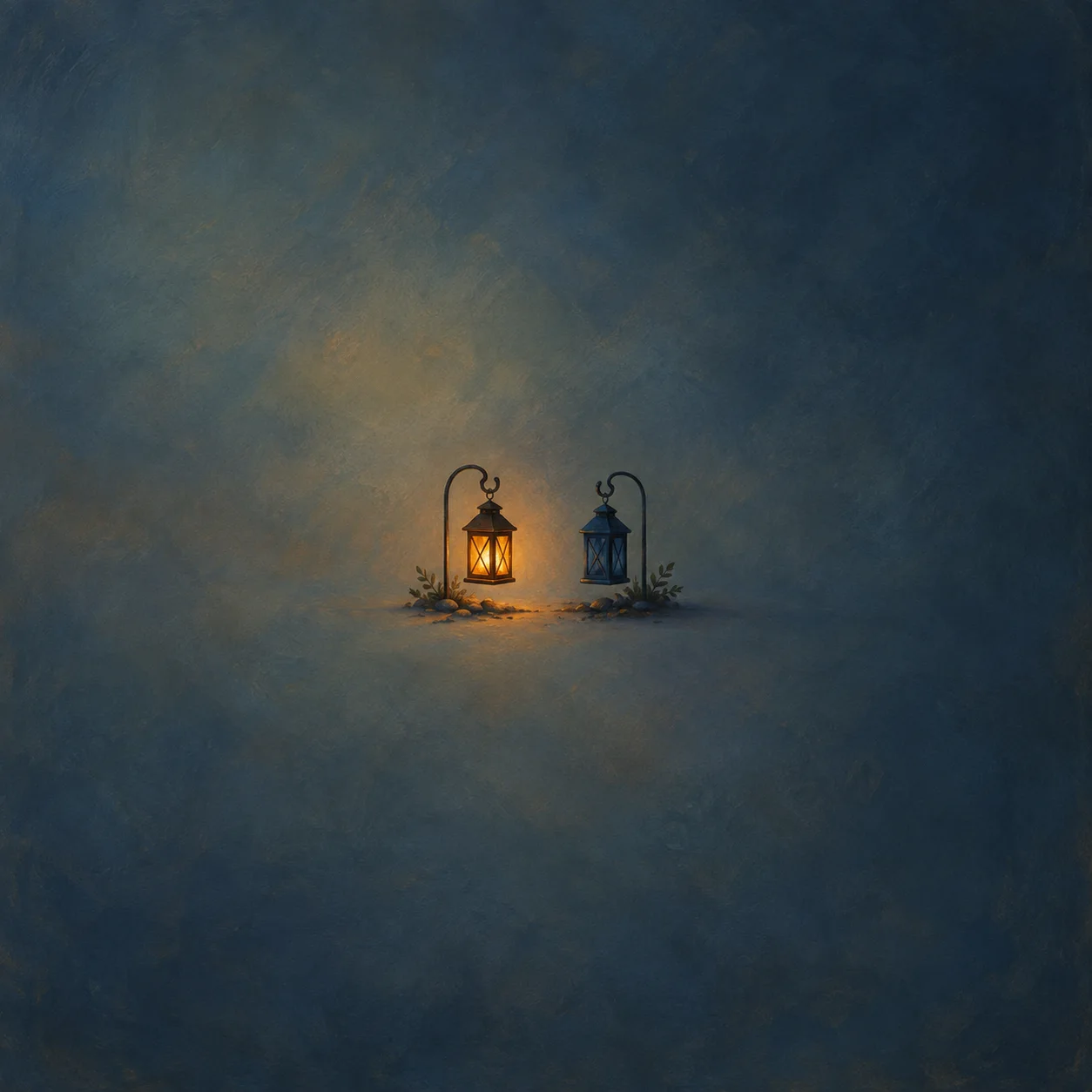 Two small lanterns suspended from low hooks, one glowing amber and one dark blue