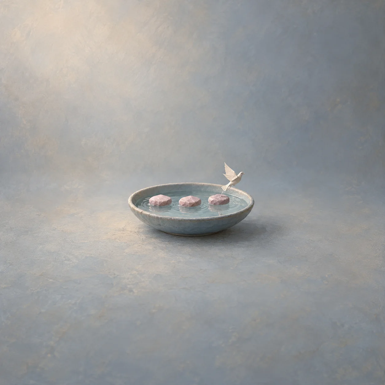 Three pink stepping stones cross a shallow blue bowl of water beneath a small white paper bird.