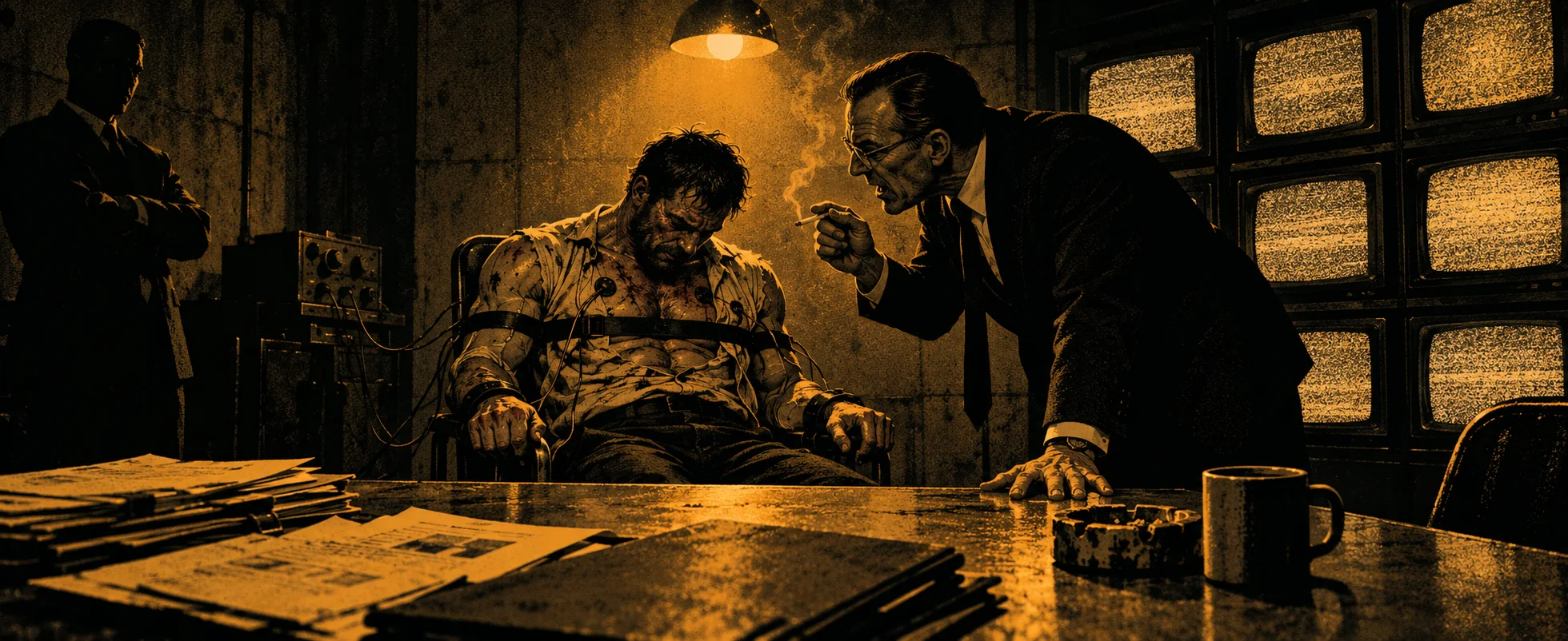 A battered prisoner strapped into a chair is shouted at by a man in a suit and glasses under a single bulb, a wall of static-filled television sets behind them, in black and amber duotone.