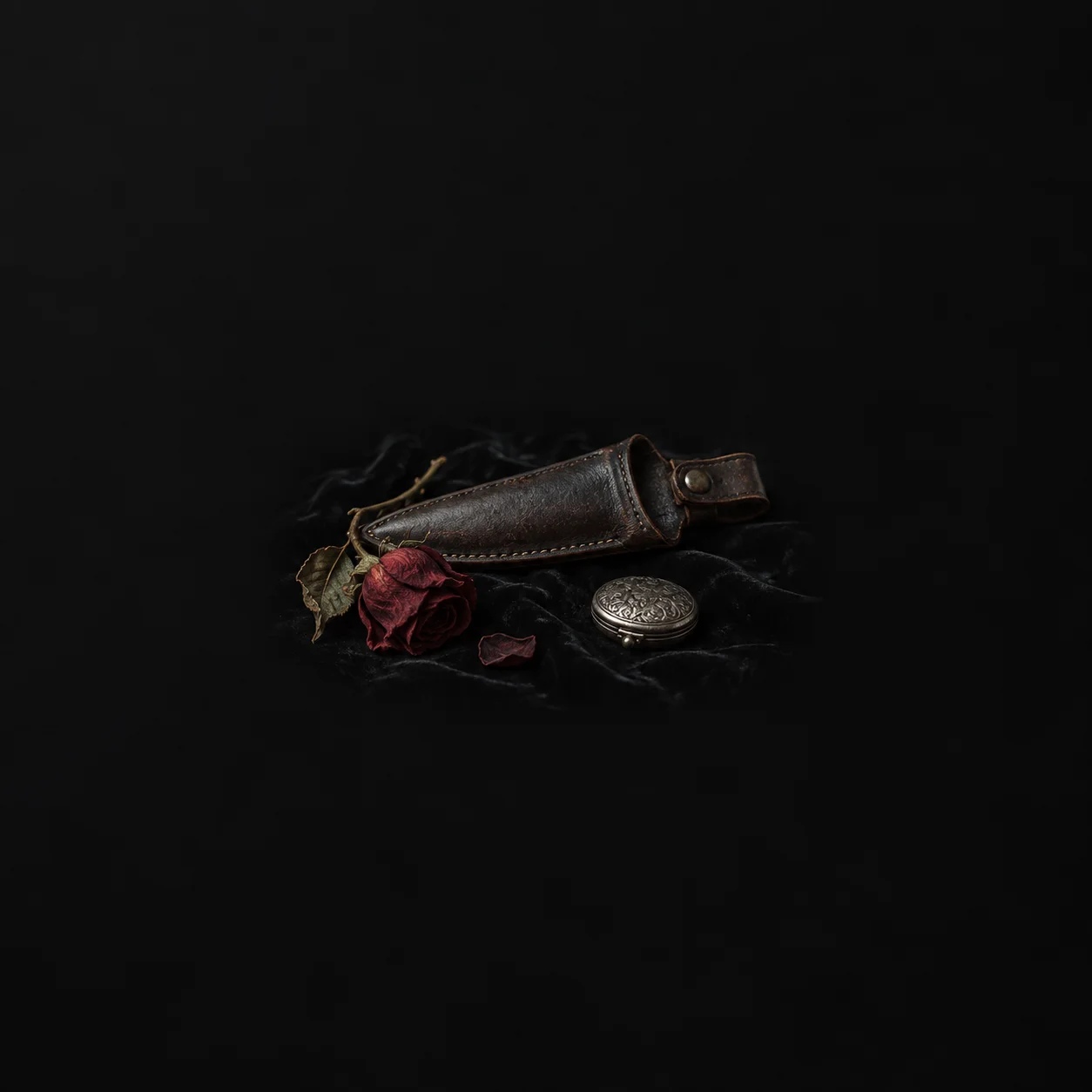 A dark leather sheath lies beside a wilted red rose and a round silver medallion on black velvet.