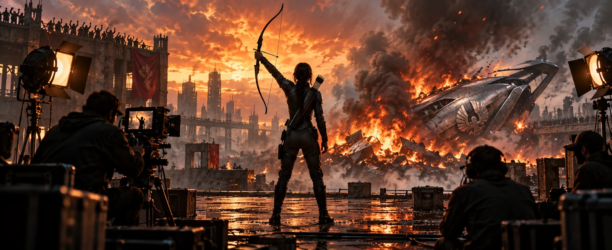 A young woman archer raises her bow on a rooftop before a burning, crashed silver aircraft while a film crew records her.