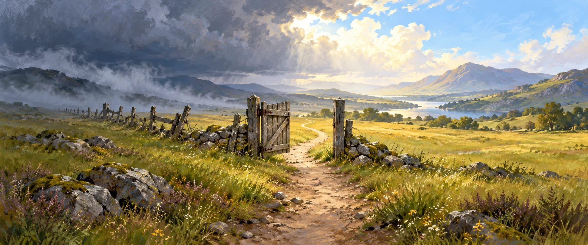 A weathered wooden gate opens onto a winding path through a golden meadow beneath clearing storm clouds.