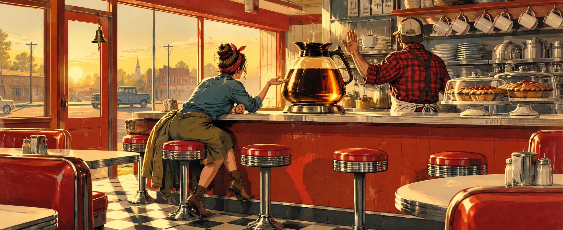 A woman leans across a diner counter towards a giant pot of coffee as the owner turns away at the grill.