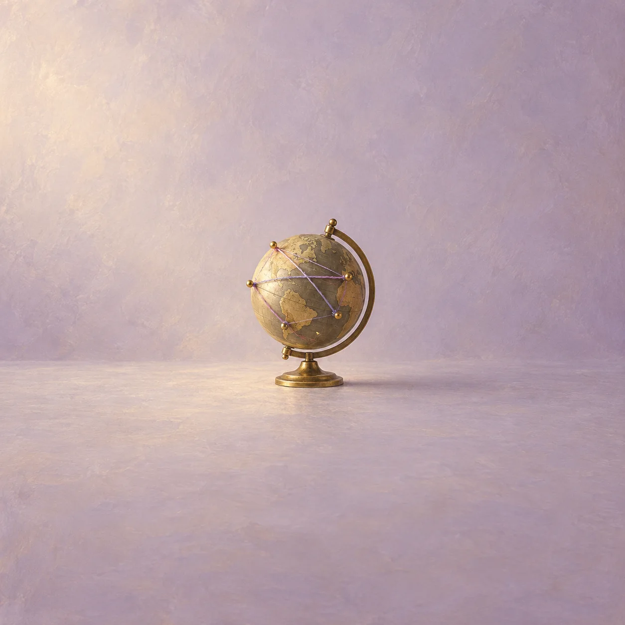 A small brass globe with fine colored threads stretched between pins on a lavender background.