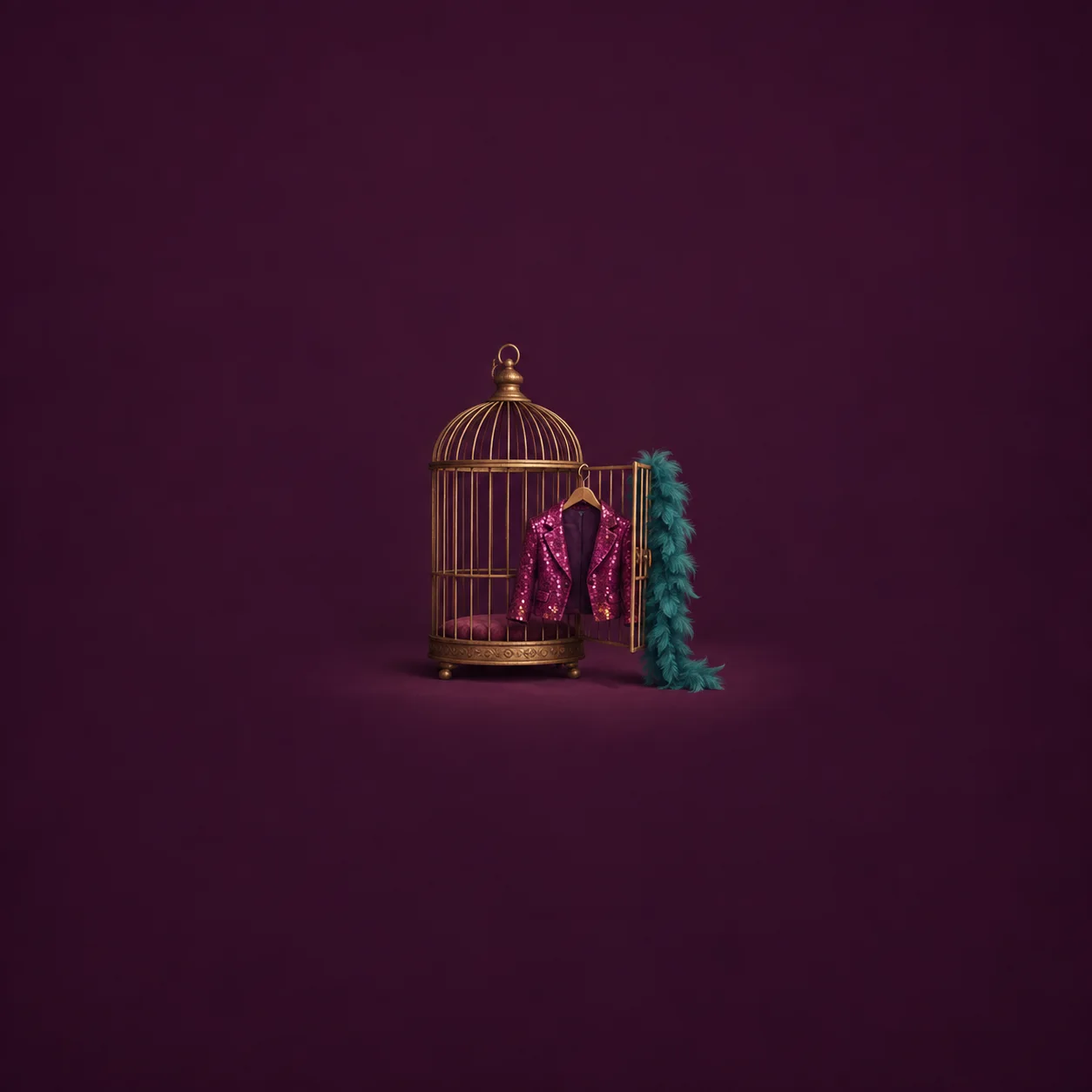 A sparkling magenta jacket hangs inside an open brass birdcage beside a teal feather boa against plum.