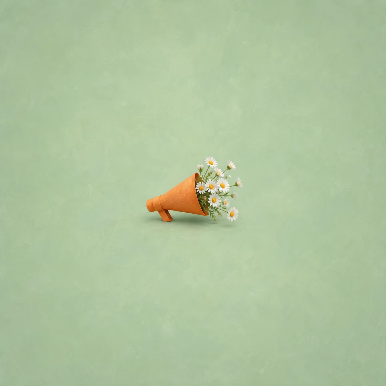 An orange megaphone holds a bunch of small white daisies against a green background.