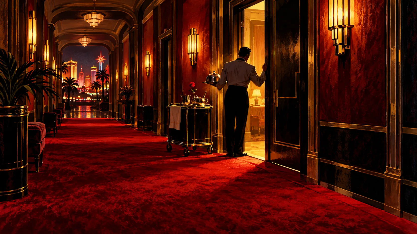 A man in a dark shirt leans in a hotel doorway off a red-carpeted corridor, the Las Vegas strip glowing at the far end.
