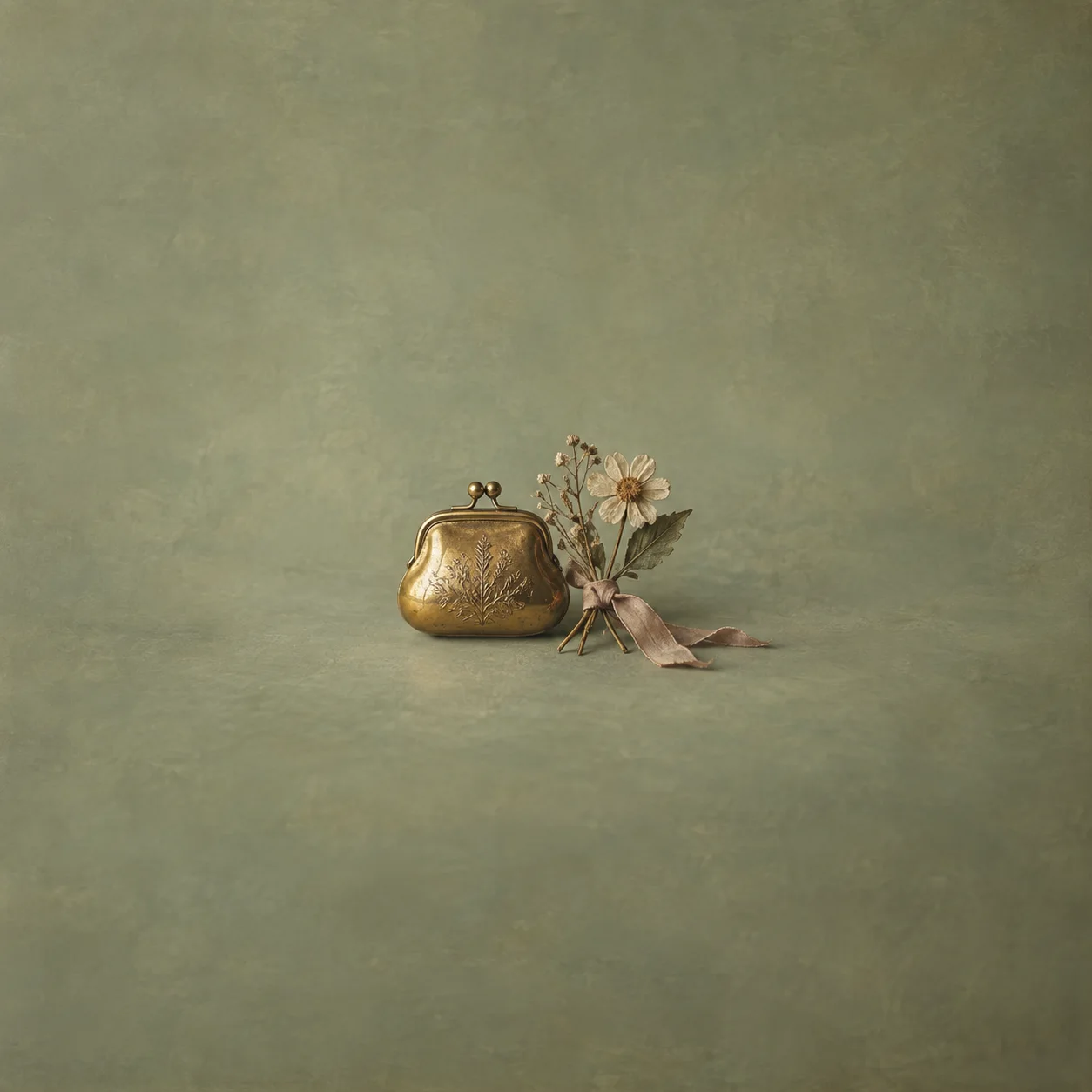 Painterly brass clasp purse beside ribbon-tied white flowers against sage green.