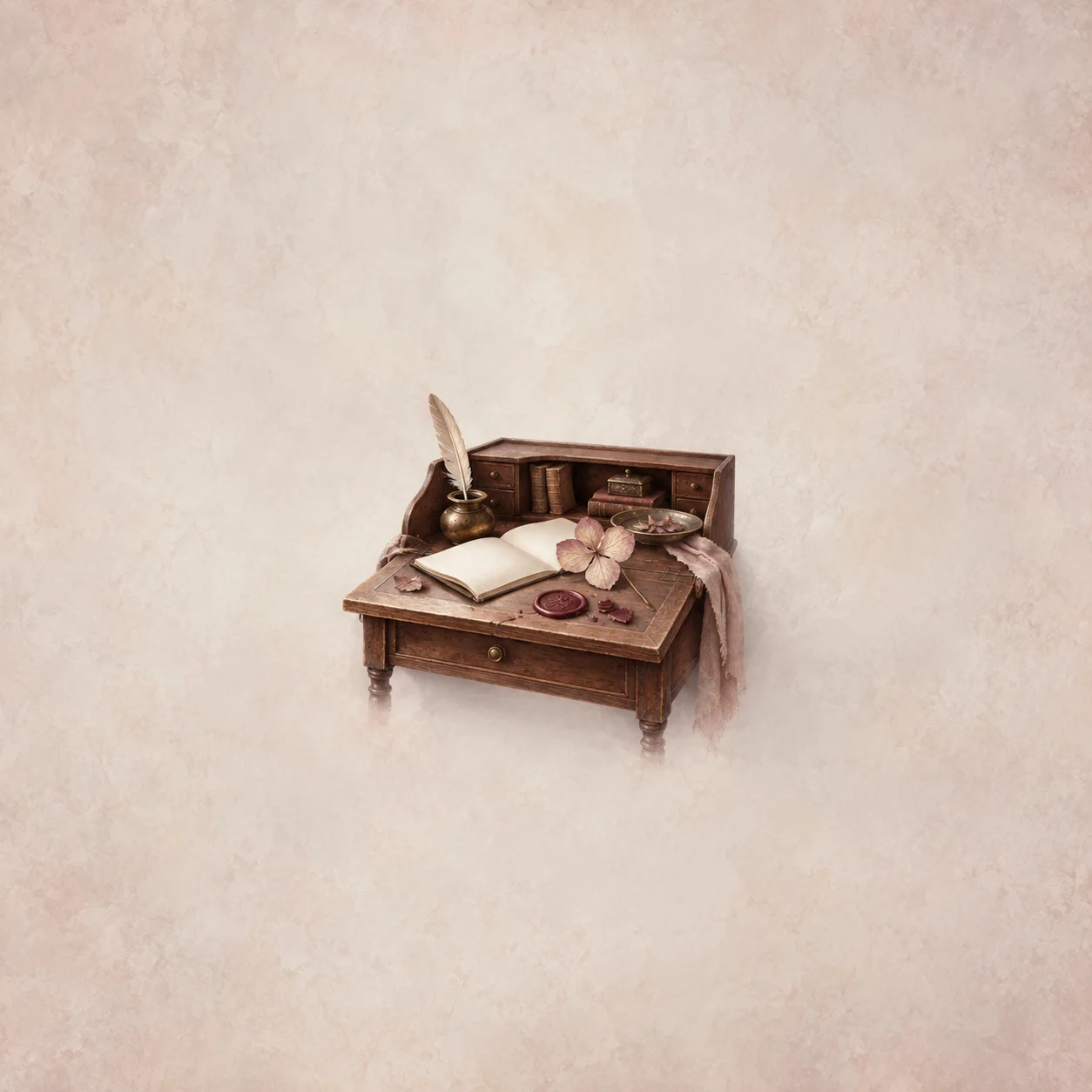 Painterly small wooden writing desk with an open book, quill, pale flower and red wax seal.