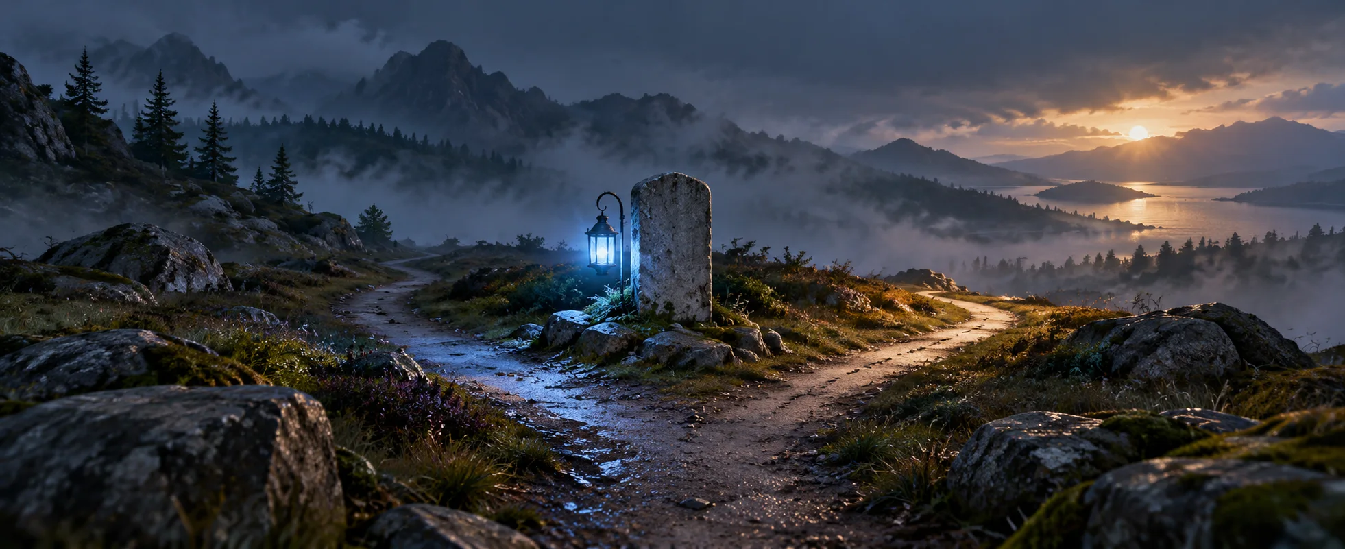A small blue light illuminates a forked path beside a blank grey stone marker in mist.