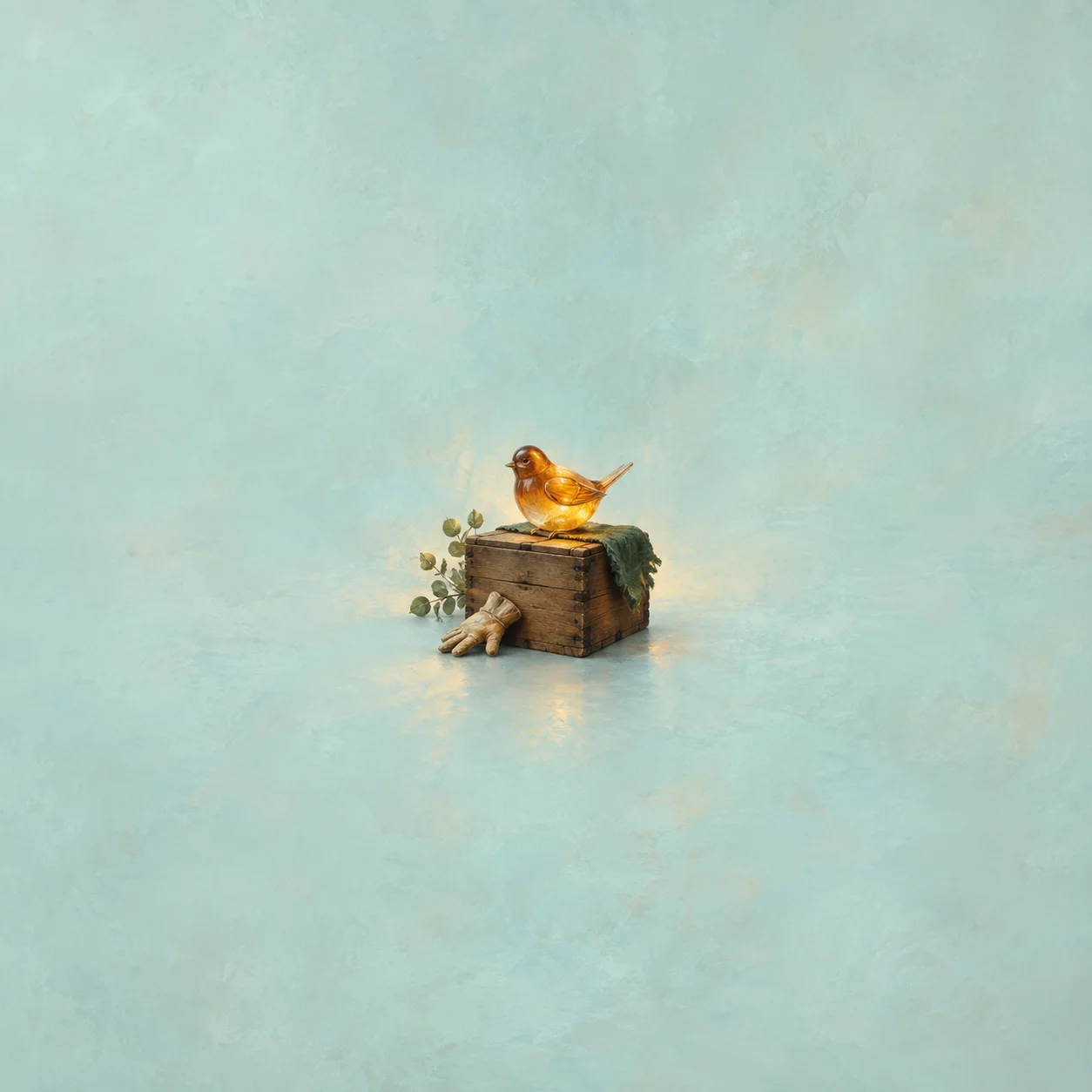An amber glass bird perched on a wooden crate beside a glove and trailing greenery on a pale turquoise background.