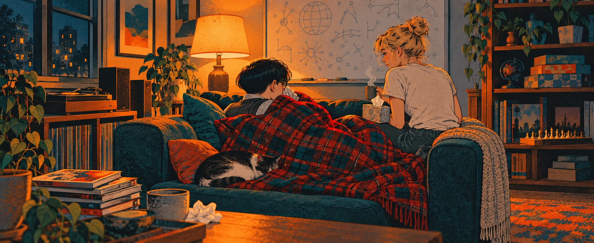 A sick young man wrapped in a tartan blanket lies on a sofa beside a blonde young woman holding a mug, in a cosy lamplit apartment.