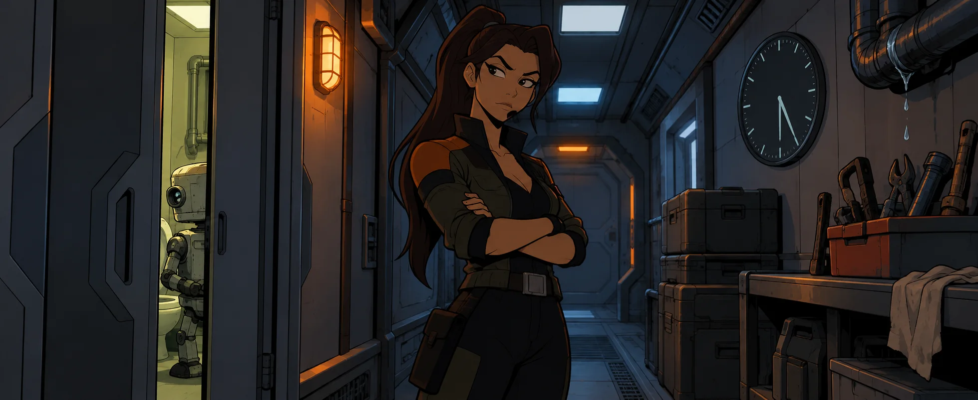 A one-eyed woman in a dark flight suit folds her arms in a dim spaceship corridor.