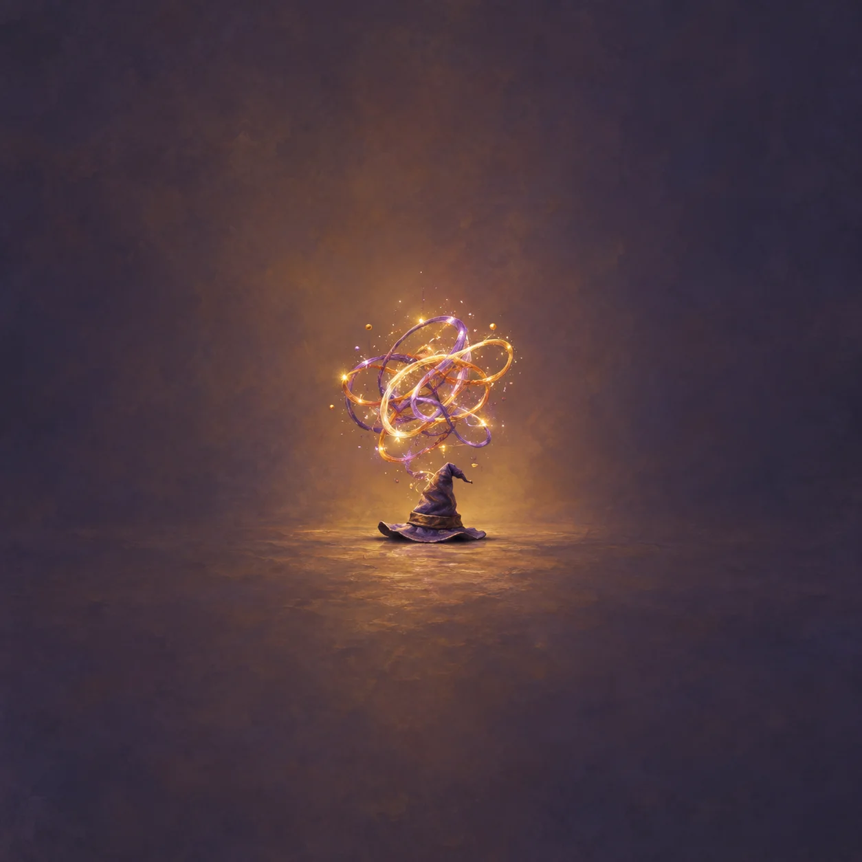 Loops of glowing gold and violet ribbon hover above a small pointed purple hat on a dark surface.