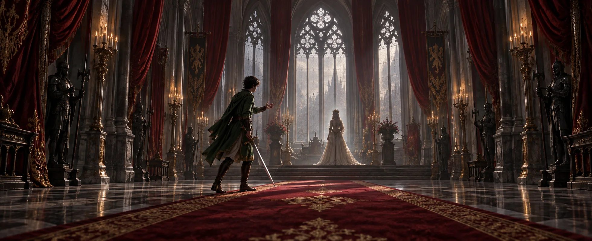 A swordsman in green crosses a grand palace hall toward a princess in white.