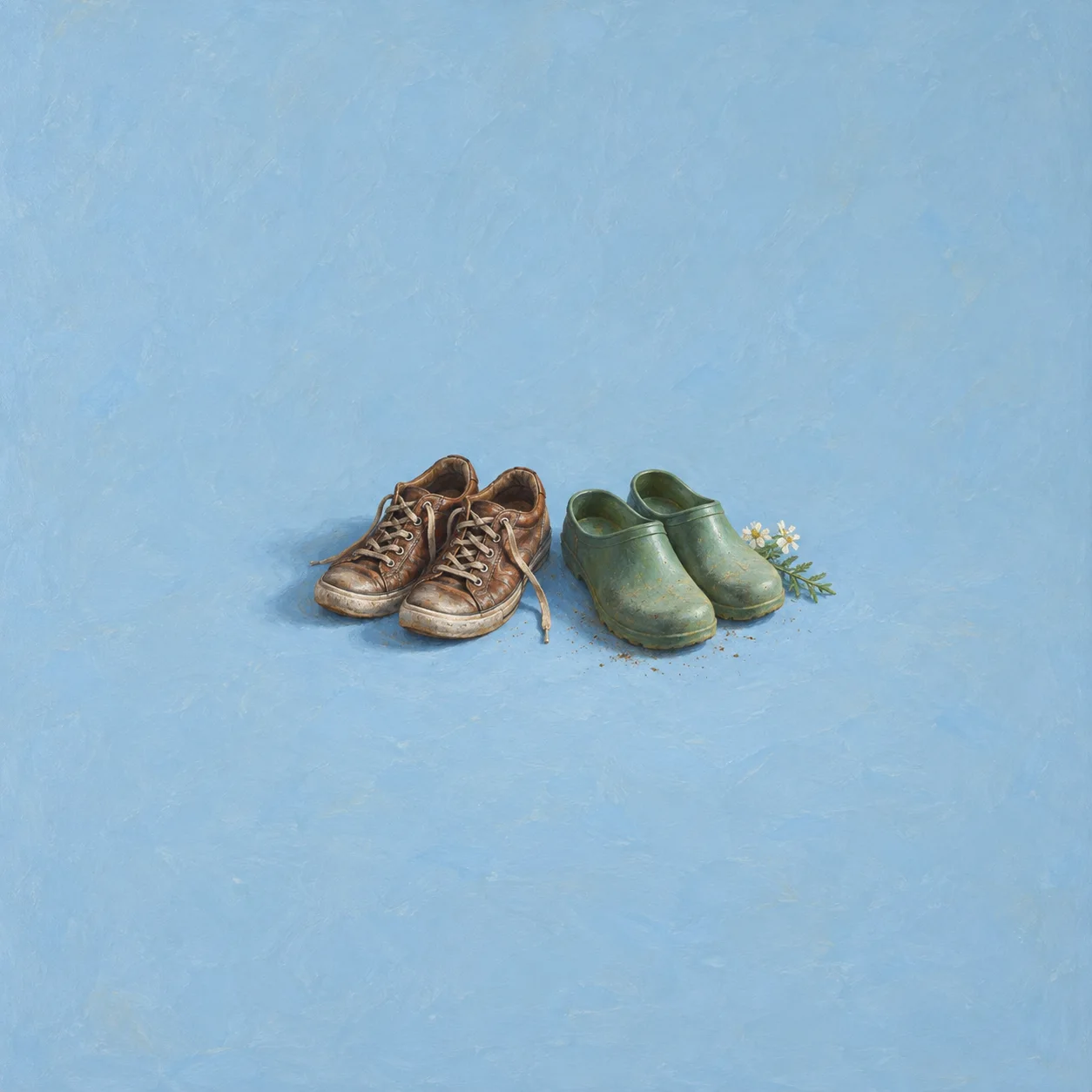 Worn brown sneakers beside green garden clogs and small white flowers on a pale blue surface.