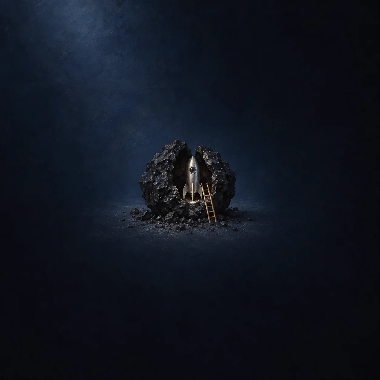 A split lump of coal with a small silver rocket inside and a matchstick ladder leaning against it.