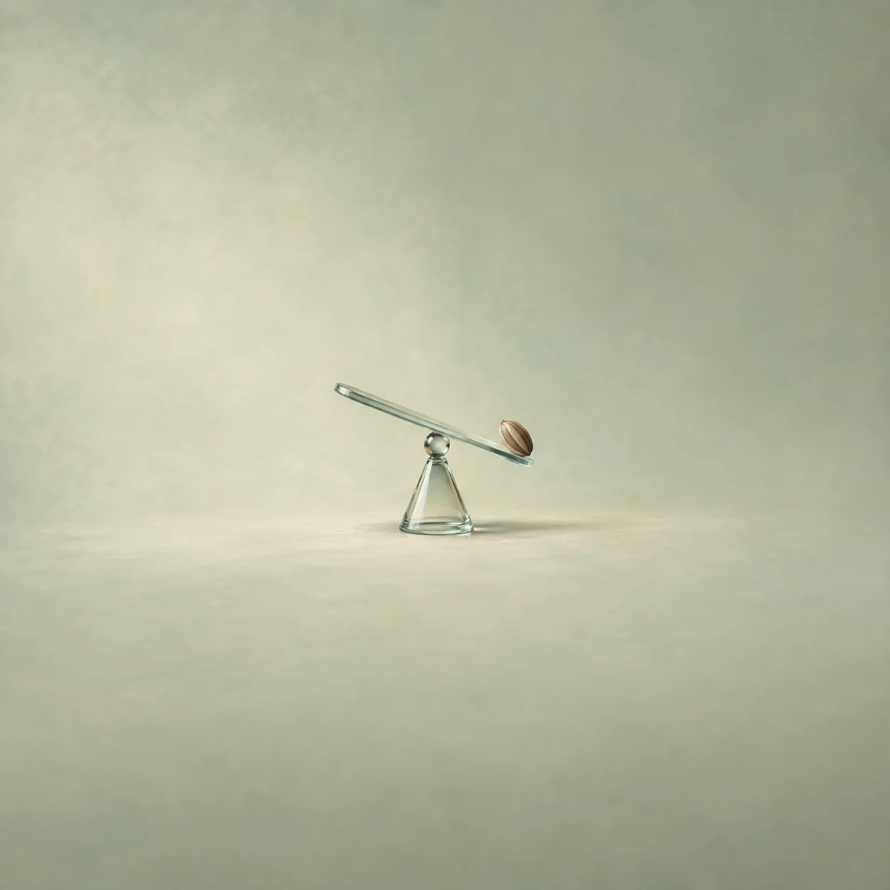 Painterly single seed resting on the lowered end of a delicate glass balance against pale green.