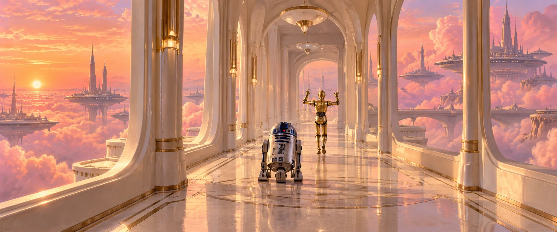 A small blue-and-white droid rolls down a white Cloud City corridor at sunset as a gold droid throws up its arms.