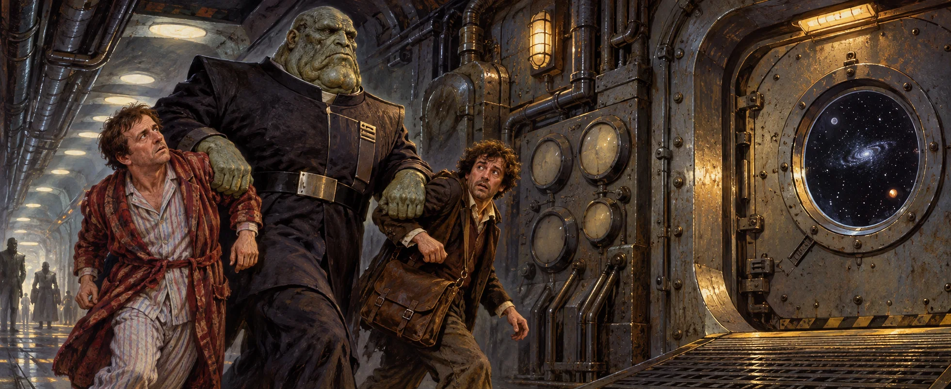 A huge slab-faced green alien guard drags a man in a dressing gown and a scruffy man with a satchel down a riveted spaceship corridor toward an airlock.