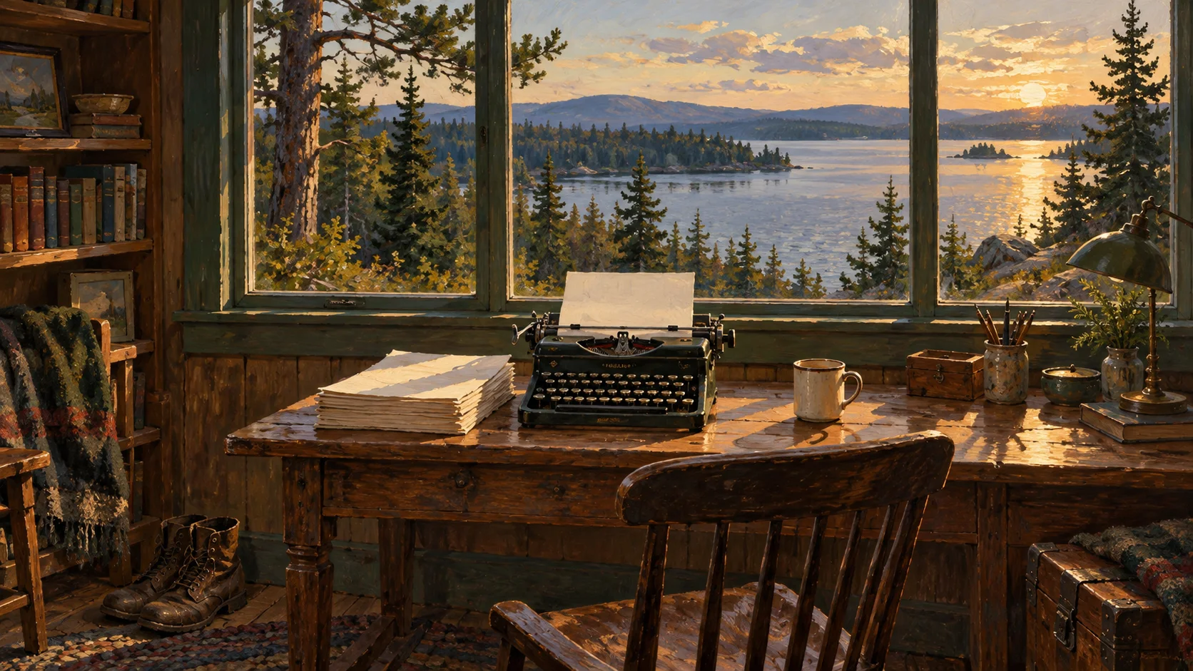 An old typewriter and a stack of manuscript pages on a wooden desk by a window overlooking pines and a lake at sunset, an empty chair pulled up.