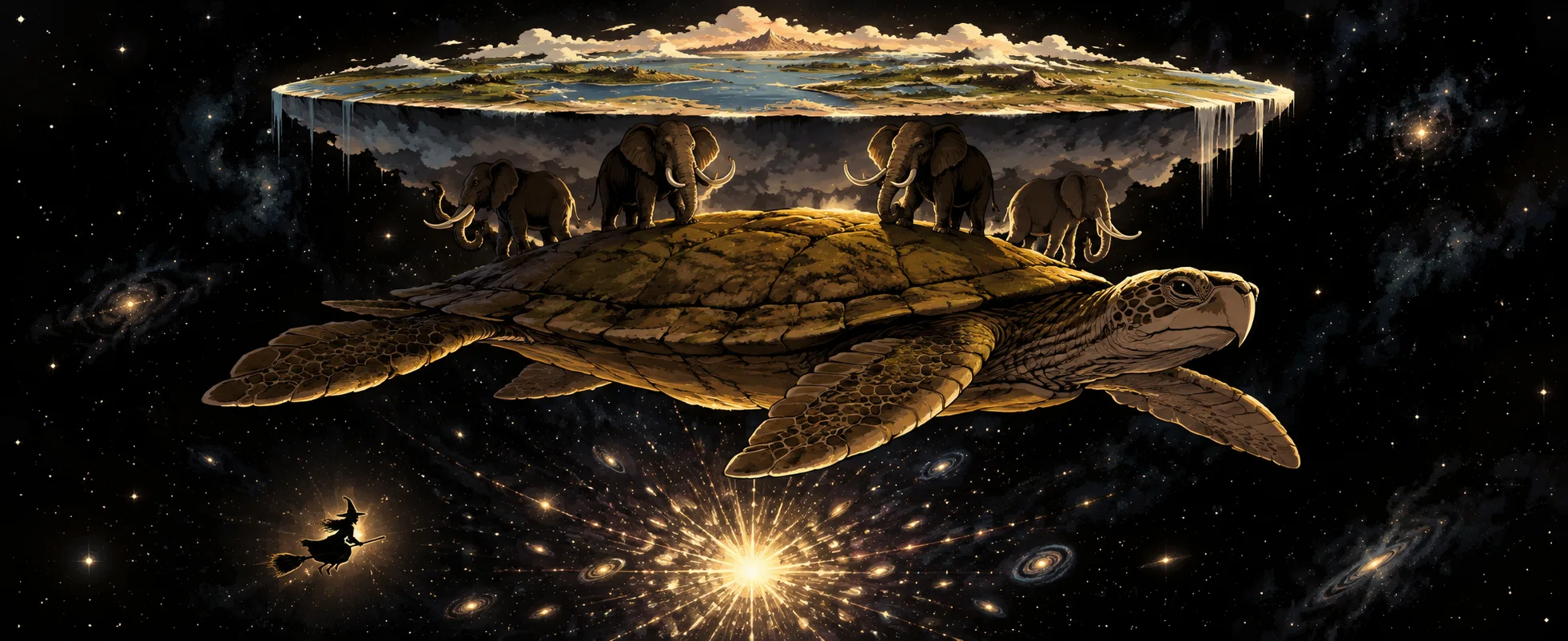 A flat world rests on four elephants standing on the back of a giant turtle swimming through space beside a bright burst of light.