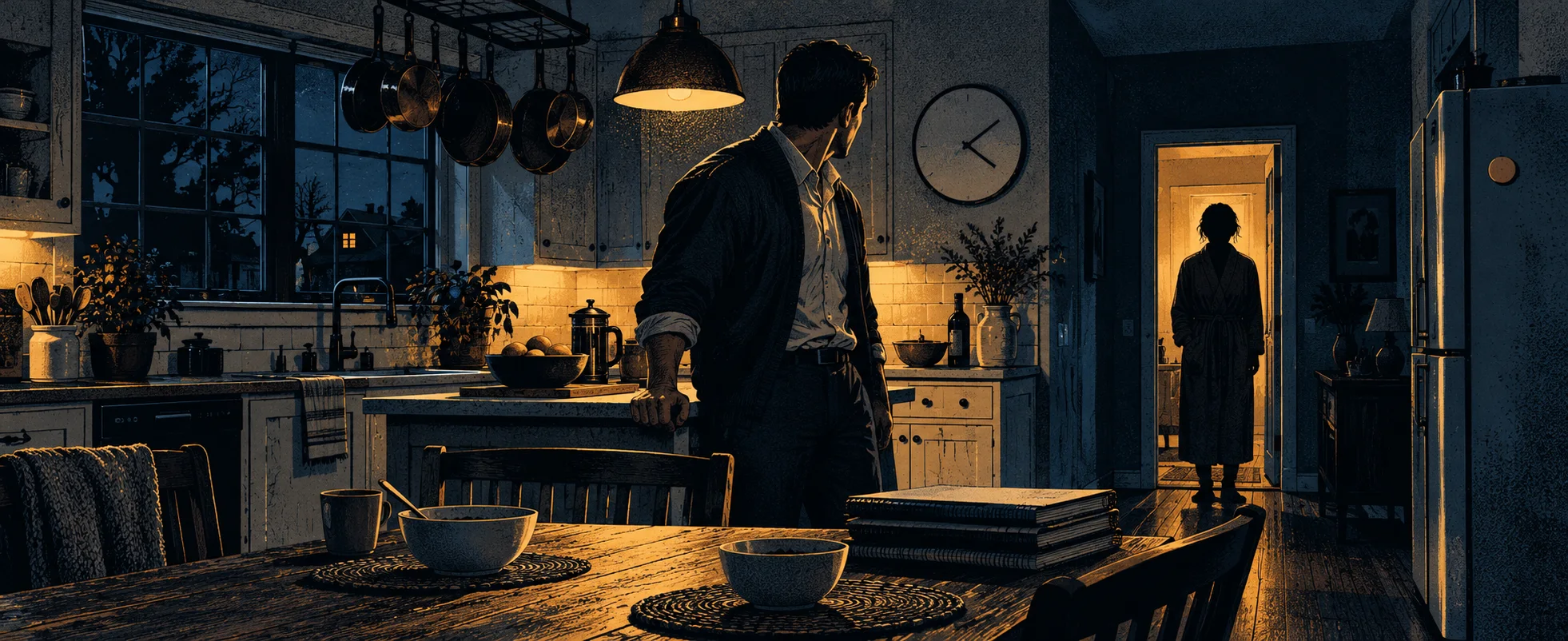 A man in a dark jacket stands in a dim kitchen at night as his wife watches from a lit doorway.