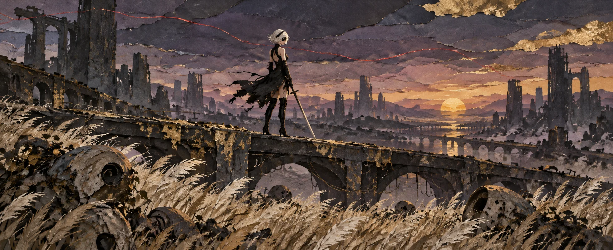 A white-haired android in black stands on a ruined bridge over a field of tall grass at sunset.