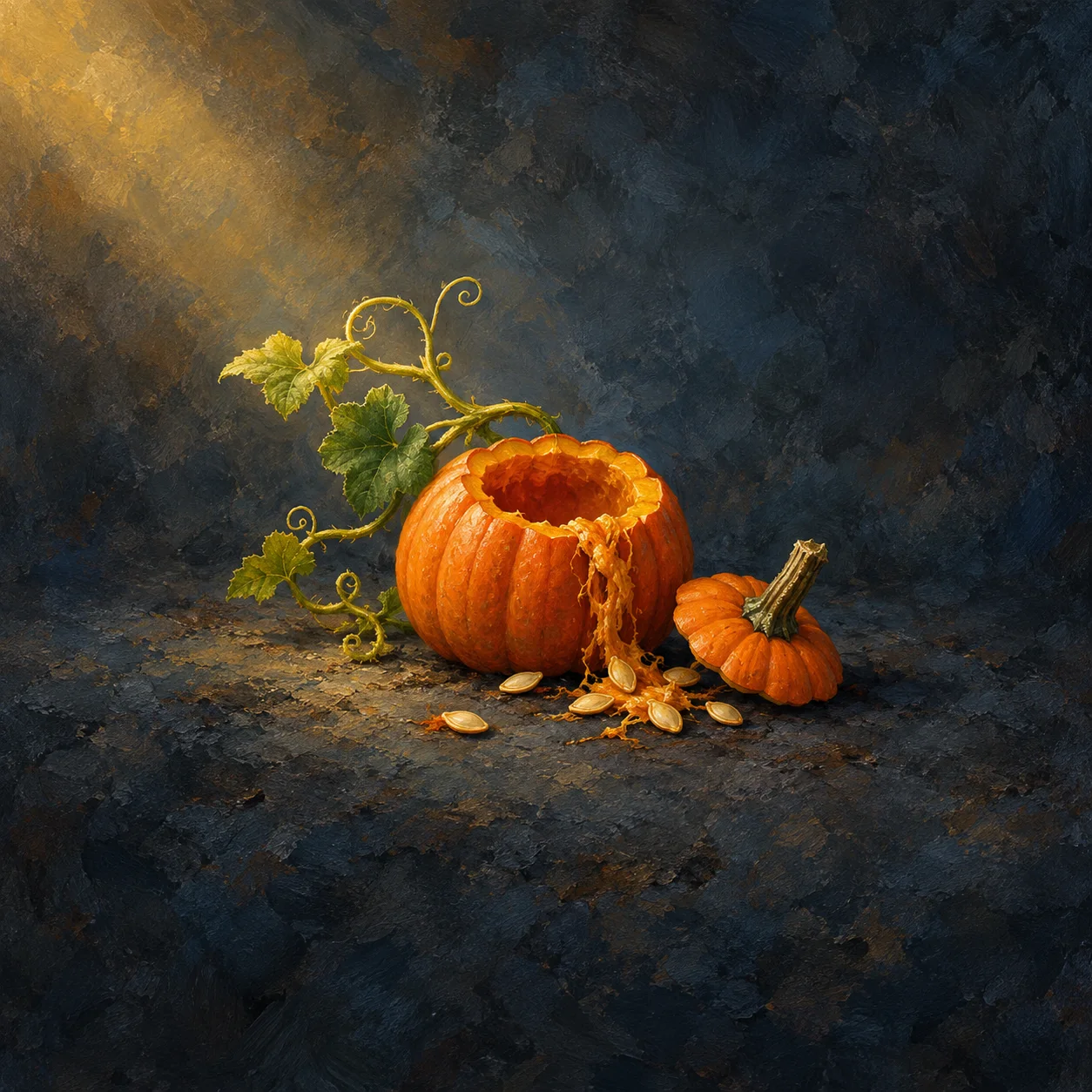 An open orange pumpkin, its detached top, scattered seeds and vegetable pulp beside a curling green vine in warm light against dark blue-grey.