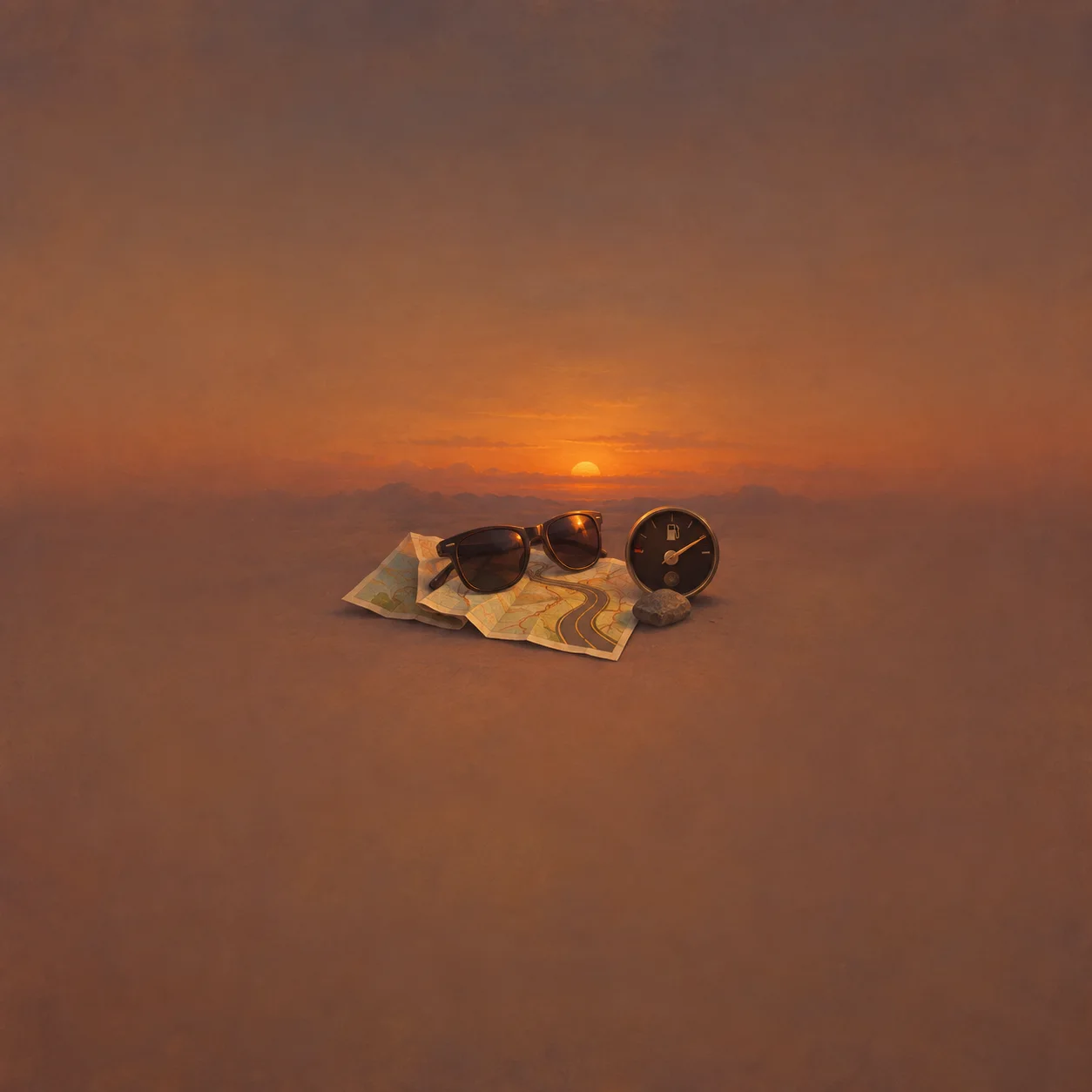 Painterly dark sunglasses, folded paper with road-like curves and a round gauge under an orange sunset.